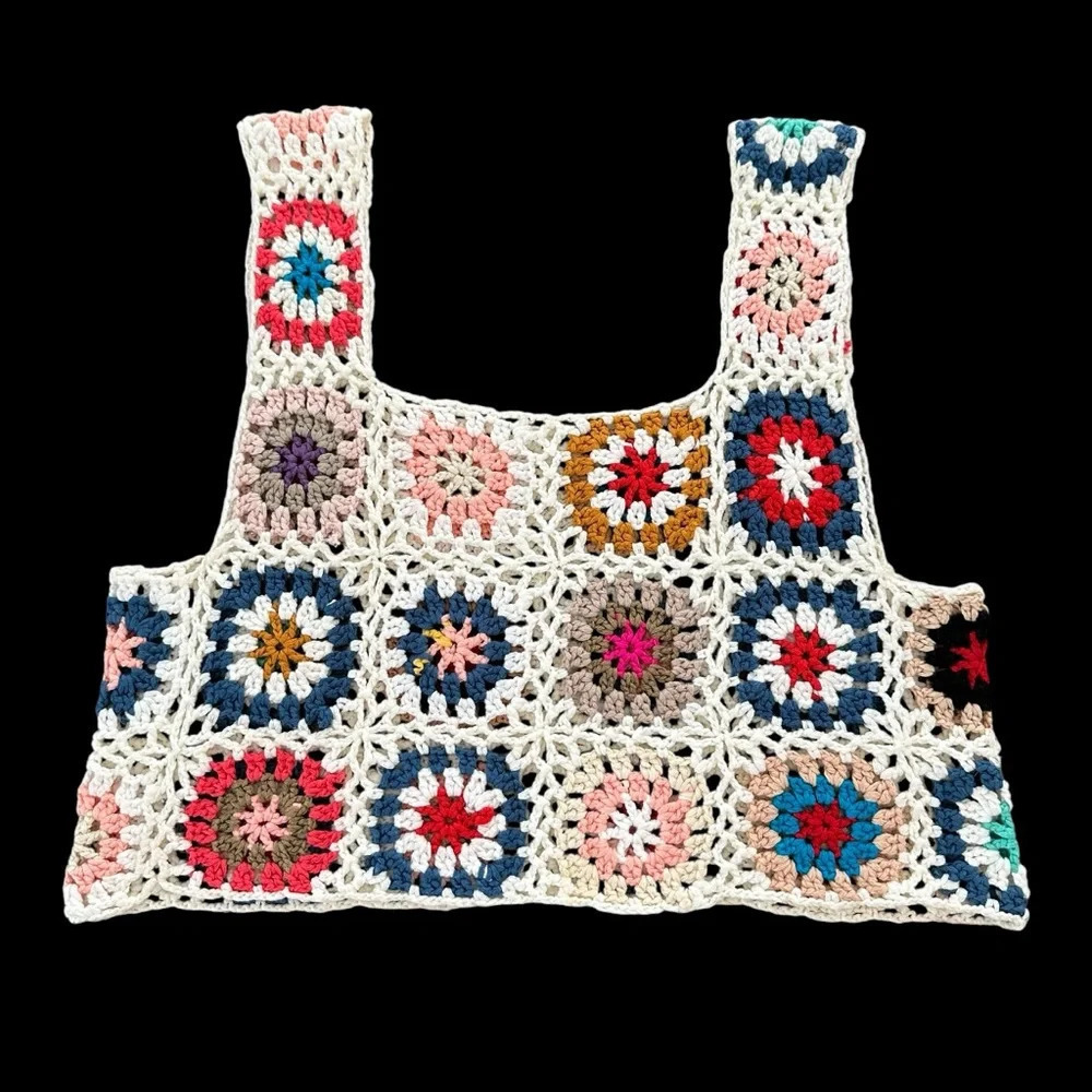 Handmade Granny Square Crochet Cropped  Tank Top Vest‎ Small Medium Boho Cream